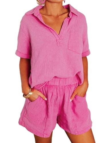 Dokotoo 2 Piece Outfits for Women Fashion Lounge Sets 2026 Summer Sexy Two Piece Solid Textured V Neck Polo Shirts and High Waist Shorts Pants with Pockets Ladies Vacation Tracksuits Rose S - Image 1