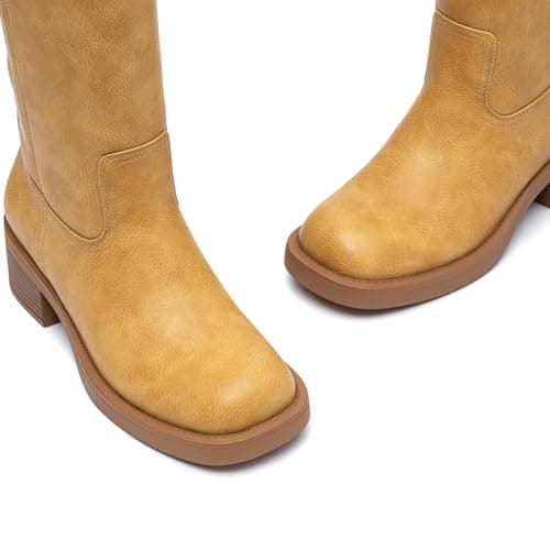 Athlefit Knee High Boots Women Square Toe Yellow Riding Boots Comfortable Slip On Chunky Block Heel Fall Booties Size 11 - Thumbnail 6