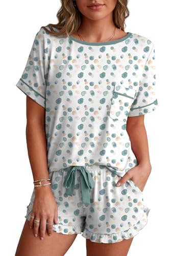 PrinStory Womens Pajama Set 2 Piece Short Sleeve Top and Shorts Pjs Cute Lightweight Pj Sets Soft Lounge Set with Pockets FP-White Color Block-M - Image 1