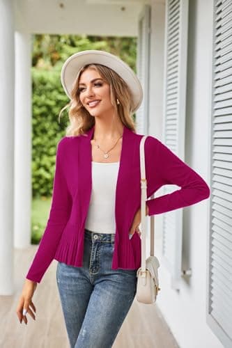 GRACE KARIN Women's Lightweight Peplum Cardigan Sweaters Open Front Cropped Cardigan Long Sleeve Trendy Summer Knit Tops Rose Red XXL - Thumbnail 5