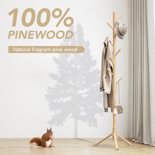 OUTGAVA Wooden Coat Rack Freestanding with 8 Hooks,Easy Assembly New Zealand Pine Tree Coat Racks, 3 Adjustable Sizes for Clothes, Hats, Bags, for Entryway, Hallway, Bedroom, Office (Natural, 1 PC) - Thumbnail 4