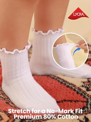 ALLOVIN 6 Pairs Non-Slip Ruffle Socks for Baby & Toddler Girls – Soft Cotton Grip Socks | Pure White/Off-White/Pink | 3-5 Years - Thumbnail 6