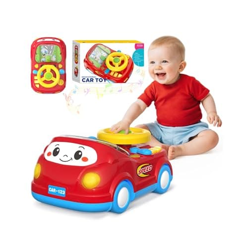 Toys for 1 Year Old Boy Gifts - 2-in-1 Toddler Push Car & Musical Racing Adventure Steering Wheel Driving Game, Interactive Simulated Driving Car for Baby 12-18 Months, Birthday Gift Ages 1-2, Red - Image 1