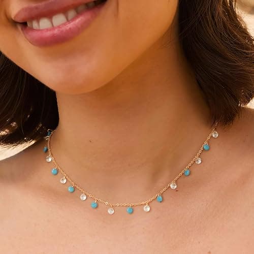 MTMY Gold Station Necklace for Women 14K Gold Plated Cubic Zirconia Cute Cross Heart Shell Teardrop Charm Station Choker Necklace Dainty CZ Chain Necklaces for Women Trendy Jewelry Gifts(Turquoise) - Thumbnail 3