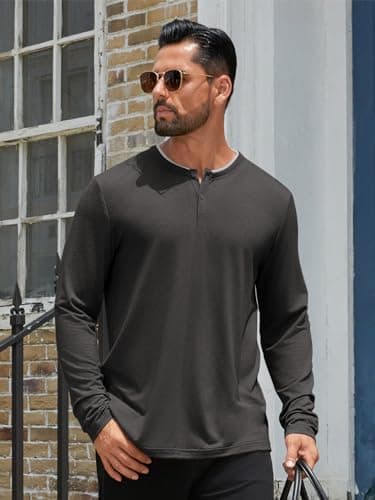 Hardaddy Men's Long Sleeve Henley Shirts Casual Color Block Henley Button T-Shirt Tops Black M - Thumbnail 2