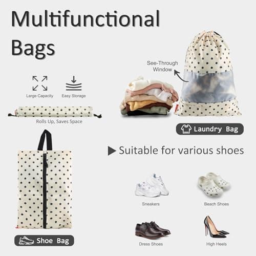U+U 5 Set Packing Cubes for Travel Essentials Ultralight Luggage Packing Organizers with Laundry Bag and Shoe Bag for Vacation, Business Trip and Camping (Polka Dot) - Thumbnail 4