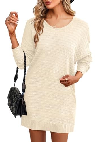 Dokotoo Women's 2025 Casual Crewneck Long Puff Sleeve Drop Shoulder Dress Soft Knit Bodycon Pullover Mini Sweater Dress Fall Dresses for Women 2025 Knitted Short Sweater Dresses Large Beige - Image 1