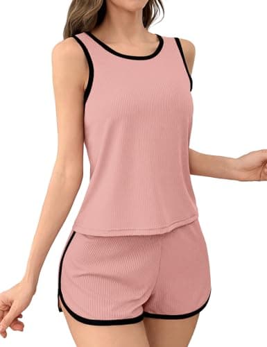 JUSTFASHIONNOW Women's 2-Piece Contrast Trim Pajama Set - Casual Tank Top & Shorts, Soft Ribbed Loungewear(Dusty Pink Small) - Image 1