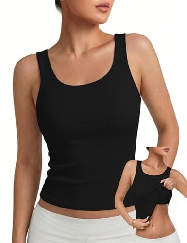 LOMON Built in Bra Tank Tops for Women Summer Sleeveless Crew Neck Casual Basic Ribbed Tops 2026 Trendy Shirt Black L - Image 1