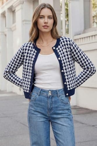 Arach&Cloz 100% Cotton Cropped Cardigans for Women Spring Fashion Lightweight Crewneck Button Down Long Sleeves Sweater Plaid Knit Tops Cute Professional Business Casual Outfits 2026 Navy Blue XL - Thumbnail 2