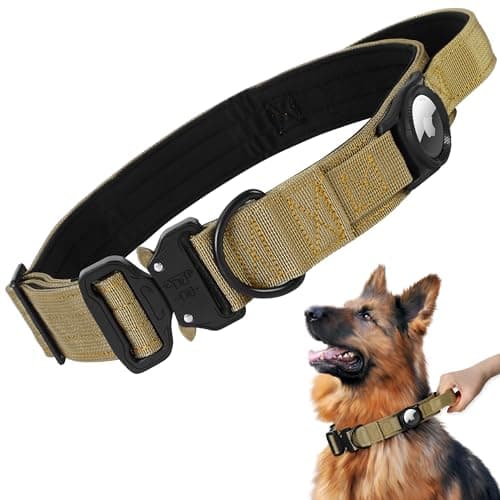 Jumpress Heavy Duty Tactical Dog Collar with Airtag Holder, 1.5’’ Wide Large Dog Collar with Comfortable Handle, Durable Airtag Dog Collar for Large Dogs (Brown,Neck 20-24’’) - Image 1