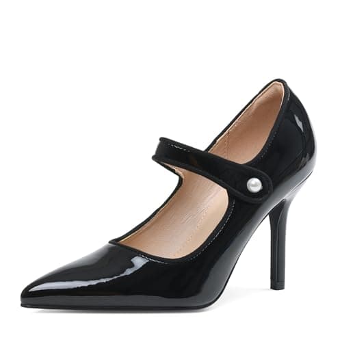 Eteridrey Black Mary Jane Heels for Women Closed Toe 3.5 Inch High Heels Pointed Pumps with Pearl Button Strap, Comfort Dress Shoes for Work, Party, Office, Wedding - Image 1