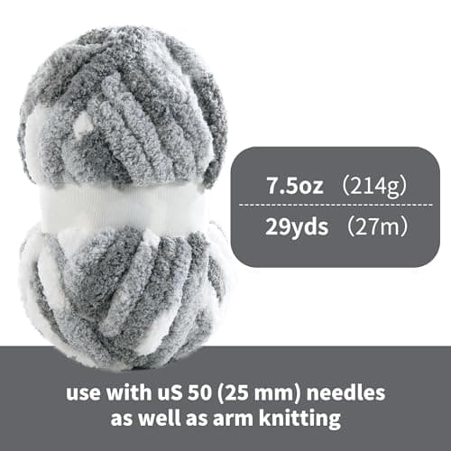 HOMBYS Chunky Tie Dye Mix Chenille Yarn for Hand Knitting, Super Bulky Jumbo Yarn for Crocheting, 3/4" Thick Soft Plush Yarn for Blankets, 8 Skein Pack (26 yds / 7.5 oz Each) Dark Grey Grey White - Thumbnail 2