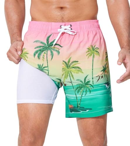 SILKWORLD Pink Swim Trunks Men Quick Dry 6 inch Beach Shorts with Compression Liner and Zipper Pocket,Pink Coconut Tree,Small - Image 1