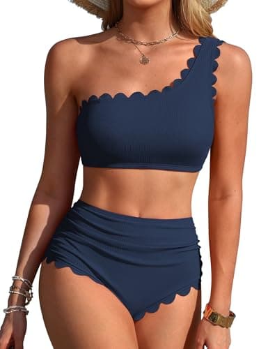 Charmo Women's High Waisted Bikini Sets One Shoulder Two Piece Swimsuit Ribbed Tummy Control Bathing Suits Scalloped Navy L - Image 1