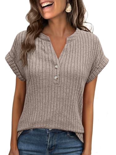 ANRABESS Womens Short Sleeve Henley Shirts V Neck Summer Sweaters 2026 Spring Business Tunic Tops Dressy Casual Work Blouses Light Ash Brown X-Large - Image 1