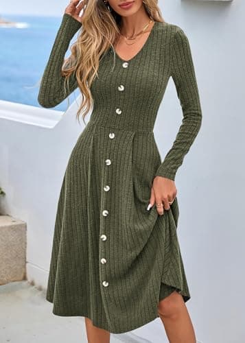 Lazysmile Long Sleeve Fall Winter Dresses for Women V Neck Button Down A Line Swing Casual Knit Sweater Dress Army Green - Thumbnail 4