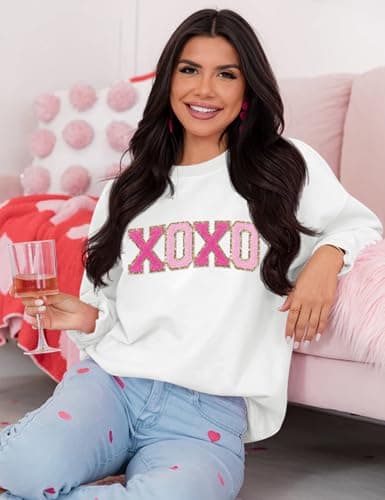 LETSEE Women Valentines Lover Sweatshirt Glitter Patch Lover Letter Pullover Tops Chenille Patch Oversized Clothes(White, Large) - Thumbnail 4