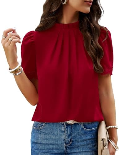 BTFBM Women's Dressy Casual Blouses Business Work Tops Lace Trim Short Sleeve Office Shirts 2025 Summer Spring Outfits(Red, X-Large) - Image 1