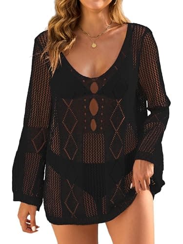 VIAURBE Women Crochet Cover Ups Long Sleeve Sexy Womens Beach Cover Up Knit Summer Beach Swimsuit Coverup Cut Out Mini Dress Black M - Image 1