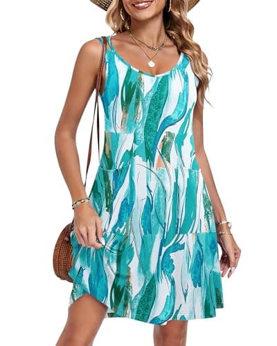 AUSELILY Women's Summer V Neck Dress Spaghetti Strap Beach Cover Up Sleeveless Floral Casual Short Mini Dress with Pocket Teal Blue Foliage 2XL - Image 1
