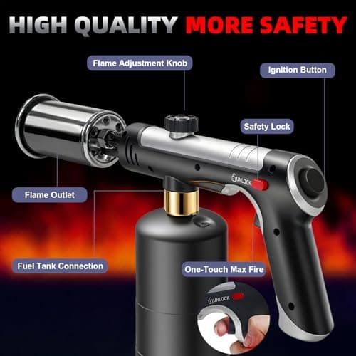 Powerful Propane Torch Gun，Flame Thrower Gun With One-Touch Max Fire, Kitchen Cooking Torch with a Safety Lock,Kitchen Torch Gun for Campfire，Grill, Sous Vide, BBQ (Tank Not Included) - Thumbnail 2