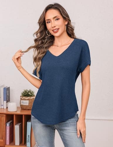 Totatuit Women's Casual V Neck Waffle Knit Tops Short Sleeve Summer Shirts Loose Fit Curved Hem Blouses Lightweight Soft Basic Tees Navy Blue - Thumbnail 2