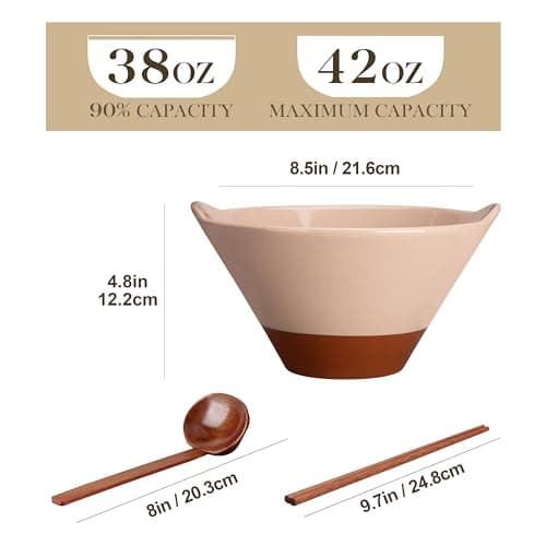 MALACASA 42 oz Ceramic Ramen Bowl Set with Wooden Spoon & Chopsticks, Japanese Style Soup Bowls for Ramen, Pho, Noodles – Set of 2, Microwave & Dishwasher Safe, Series TARA (Pink and Khaki) - Thumbnail 2