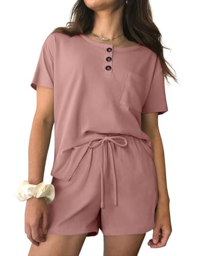 Ekouaer Womens Pajama Sets 2 Piece Ribbed Knit Pjs Short Sleeve Soft Sleepwear Summer Lounge Sets,Dark Pink,S - Image 1