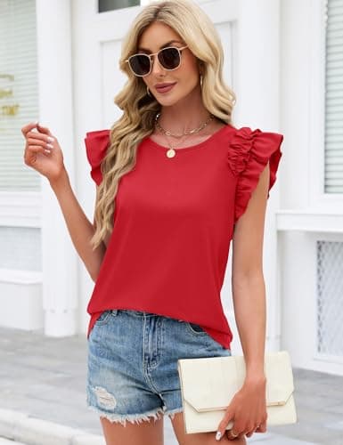 Summer Tops for Women 2026 Trendy Ruffle Short Sleeve Tops Casual Cute Loose Fit T-Shirts Crew Neck Fashion Dressy Blouses Tee Tops Red M - Thumbnail 4