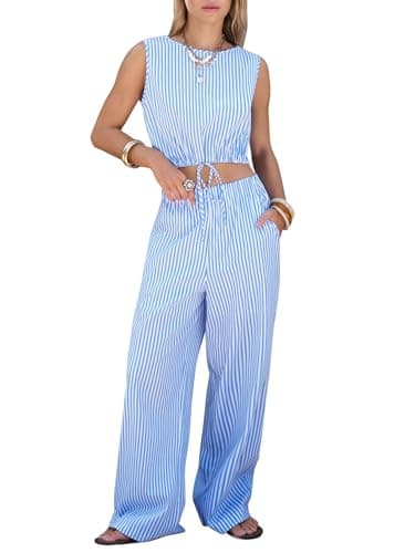 EXLURA Womens 100% Cotton 2 Piece Outfits Stripe Drawstring Crop Tank Tops Wide Leg Pant Sets Faux Linen Summer Cruise Beach - Image 1