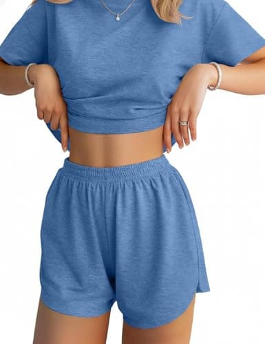 JUSTFASHIONNOW Pajama Shorts Set for Women 2 Piece Short Sleeve Lounge Sets Sleepwear Comfy Split Short Pajama Set Soft Summer Outfits Loungewear Pj sets Blue L - Image 1