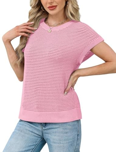 Womens Tops Trendy Short Sleeve Sweater for Women Spring Tops Cute Summer Outfits Cruise Teacher Resort Wear 2026 Boho Beach Vacation Clothes Fashion Clothing Business Casual Shirts Dressy Work Pink - Thumbnail 4