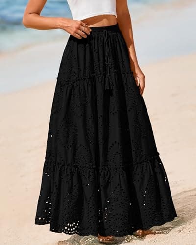 BTFBM Boho Long Skirts for Women Spring Summer 2026 Lace Embroidery High Waist Flowy Tiered Maxi Skirt Beach Vacation(Black, Small) - Thumbnail 5