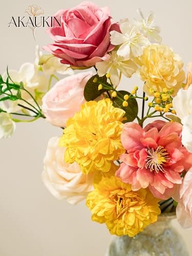 AKAUKIN Pink Yellow Artificial Flowers Combo, Fake Silk Dahlia Roses Bulk with Stems Box Set for Wedding Bridal Bouquets, Baby Shower, Party, Table Centerpieces, Home Decor & DIY Floral Arrangements - Thumbnail 5