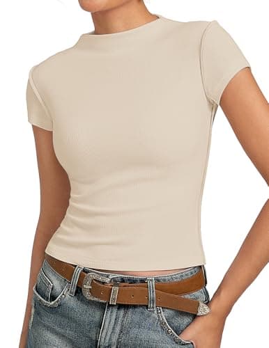 Womens Cap Sleeve Tops, Short Sleeve Raw Hem Shirts, Ribbed Y2K Going Out Crop Top, Trendy Fitted Tshirt(Apricot, M) - Image 1