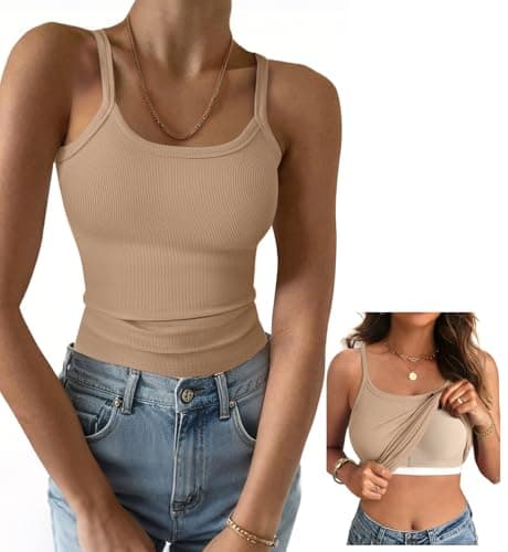 GKBK Women's Sleeveless Built in Bra Tank Top Form Fitting Scoop Neck Ribbed Knit Basic Padded Cami Shirts White Khaki M - Image 1