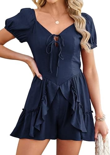 ECOWISH Women Summer Short Romper Puff Short Sleeve Tie Front V Neck Ruffle Cute Rompers Dress Outfits with Pockets Navy Blue Medium - Image 1