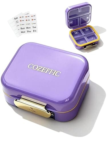 Small Pill Case Travel Pill Box with 7 Compartments for Purse - Compact Pill Organizer for Medicine Vitamin - Portable Container for Fish Oil & Supplements - Lavender - Image 1