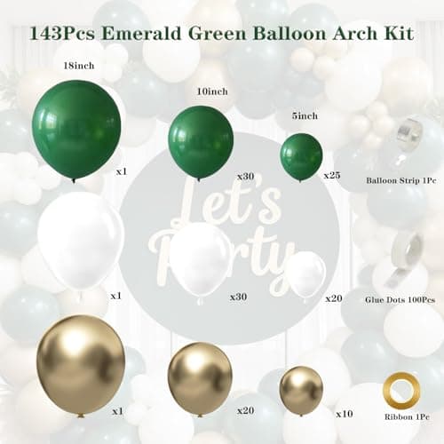 143pcs Emerald Green White Gold Balloon Garland Arch Kit Dark Green White Gold Balloons for Jungle Safari Wedding Graduation Birthday Party Decorations - Thumbnail 2
