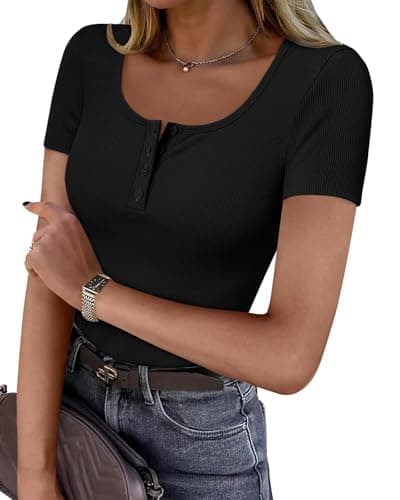 GKBK Ribbed Short Sleeve Tops for Women Henley Neck Slim Fitted Tight Basic Tee Tshirts Cute Spring Summer Tops Black - Image 1