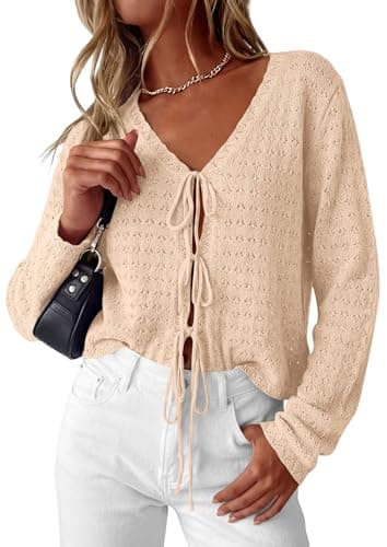 PRETTYGARDEN Womens Tie Front Cardigan Summer 2026 Long Sleeve Crochet Sweaters Cardigan Boho Cover Up Beach Vacation Clothes(Beige,Large) - Image 1