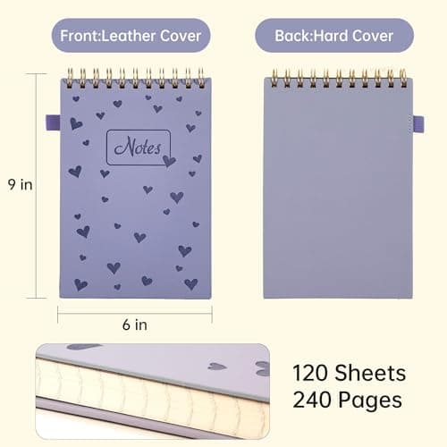 Yoment Top Spiral Notebook A5 Leather Hardcover Steno Pads, 240 Pages 100 GSM Cute Top Bound Spiral Notebooks College Ruled 6 x 9, Left Handed Spiral Notepads for Work, School, Home, Purple - Thumbnail 2
