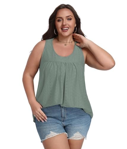 Lastshe Plus Size Scoop Neck Sleeveless Tunics for Women Loose-Fitting Casual Tops Blouses, Grayish Green, 5X - Thumbnail 3
