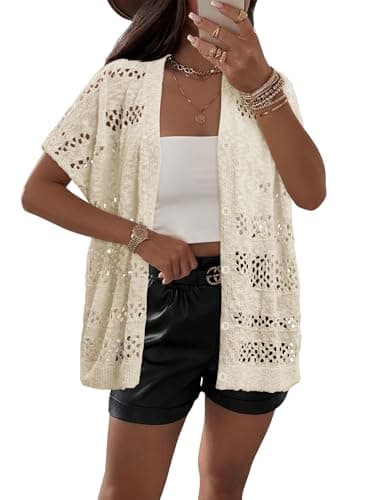 KISSMODA Netted Crochet Cardigan V-Neck Cool-Touch Boho Apricot Vacation Outdoor Date Outfit for Ladies M - Thumbnail 3