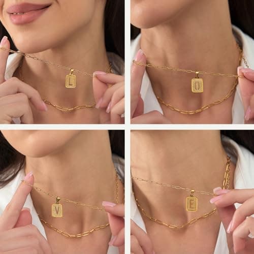 LETFLY Initial Gold Necklaces for Women, 18K Gold Plated Letter Layering Necklace Square Shaped Pendant with Adjustable Paperclip Chain for Womens Jewelry Gifts Alphabets H - Thumbnail 3