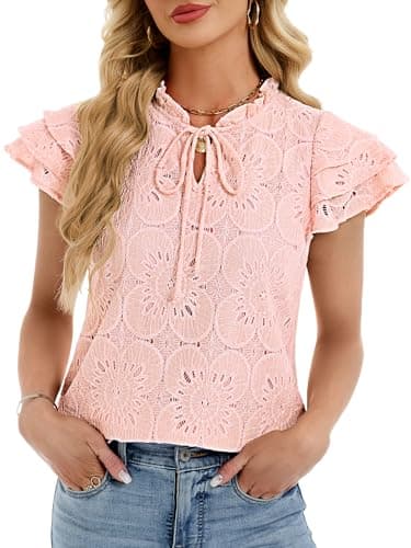 Funlingo Womens Summer Eyelet Tops Dressy Casual Ruffle Cap Sleeve Blouses Hollow Out Crochet Lace Embroidered Shirts Vacation Outfits Pink L - Image 1