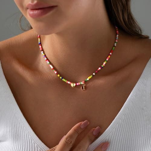 Turandoss Colorful Beaded Football Necklace for Women - 14k Gold Plated Dainty Heart Pendant Choker Necklaces for Women Her Mom Daughter Son Personalized Jewelry Gifts - Thumbnail 2