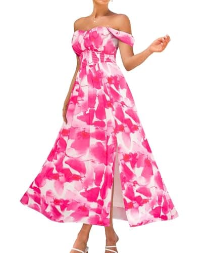 2026 Women's Summer Sleeveless Off Shoulder Floral Flowy A Line Maxi Dresses Pink Watercolour XXL - Image 1