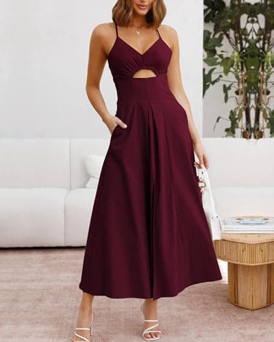 BTFBM Women 2026 Spaghetti Strap Midi Summer Dresses Sleeveless V Neck Cutout Slit Casual Beach Party Maxi Dress Pockets(Wine Red, Large) - Thumbnail 2
